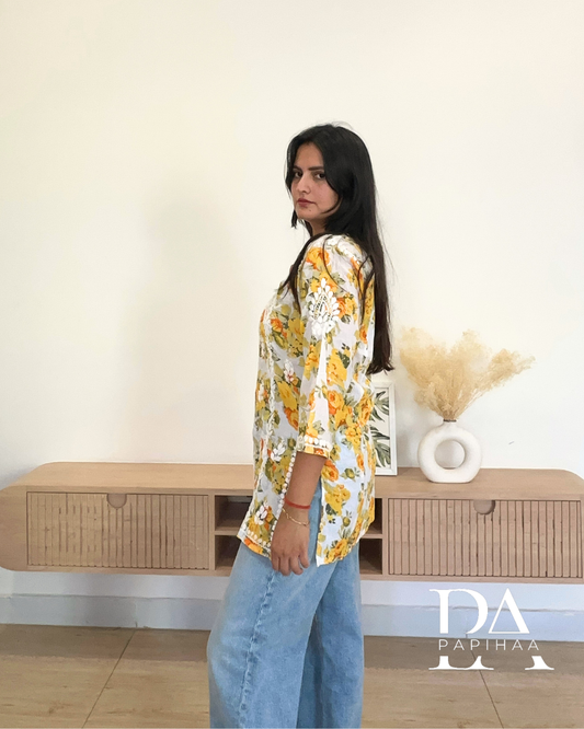 Inara Yellow on White Mulmul Short Chikankari Kurti