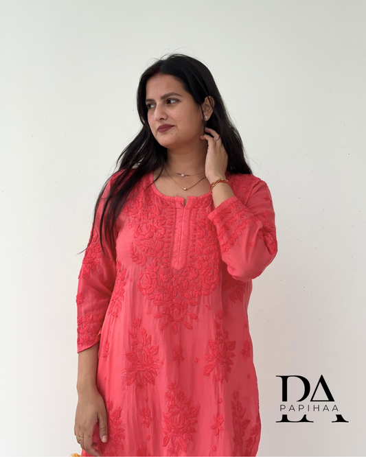 Preeti Salmon Red Tone on Tone 3d Modal Chikankari Kurti
