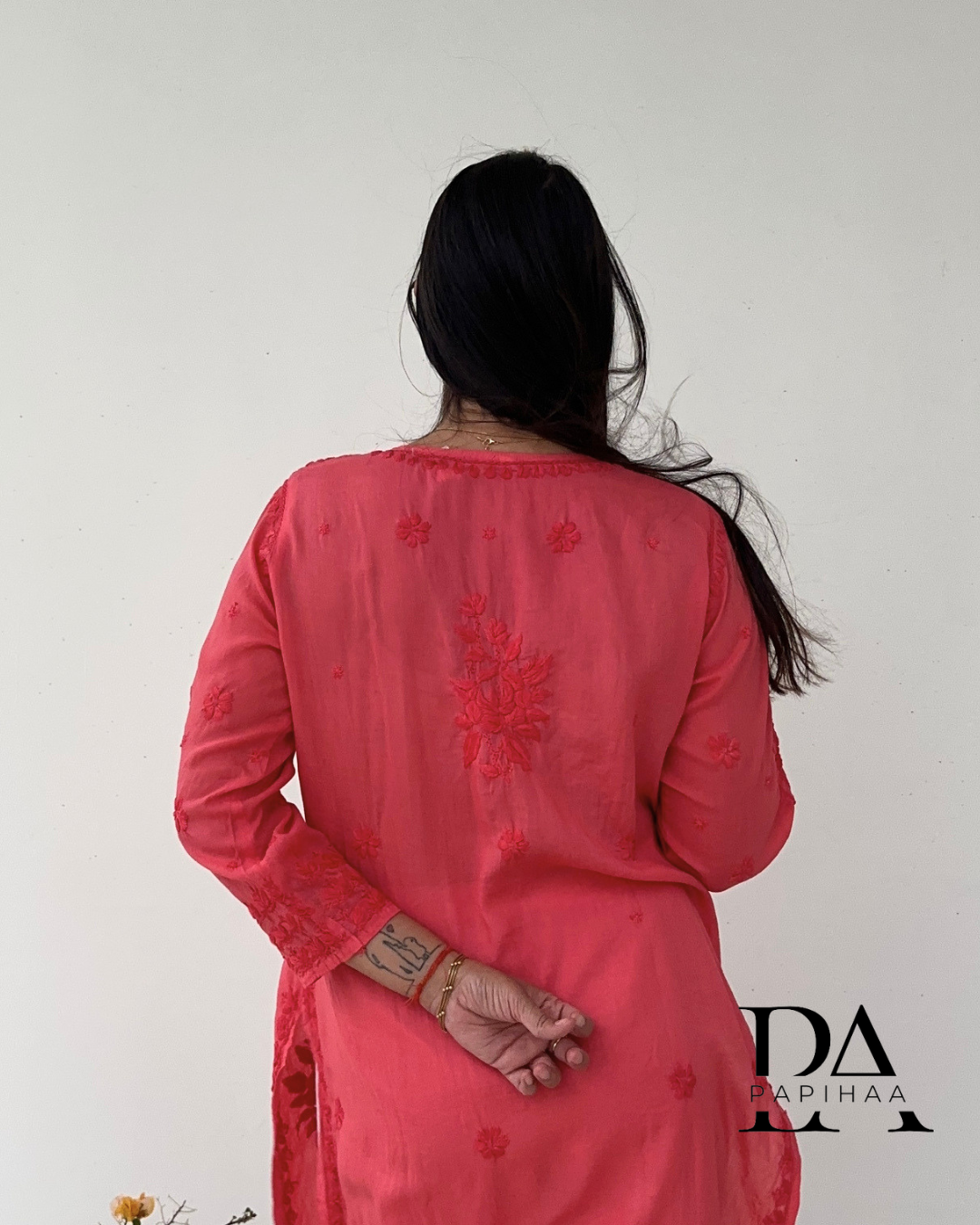 Preeti Salmon Red Tone on Tone 3d Modal Chikankari Kurti