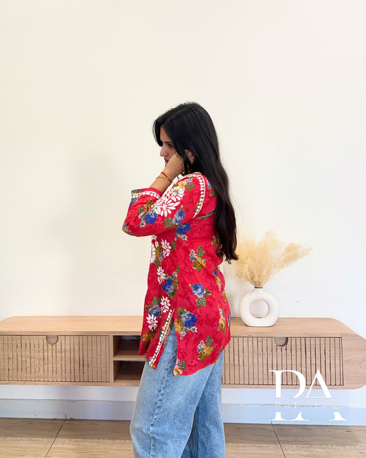 Inara Red Mulmul Short Chikankari Kurti