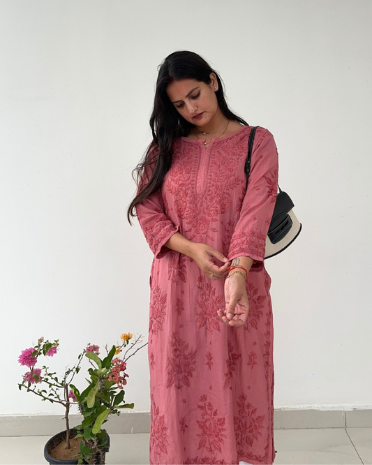 Preeti Onion Pink Tone on Tone 3d Modal Chikankari Kurti