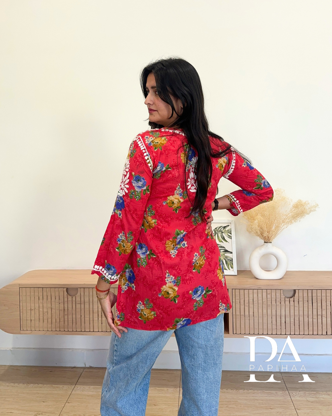 Inara Red Mulmul Short Chikankari Kurti