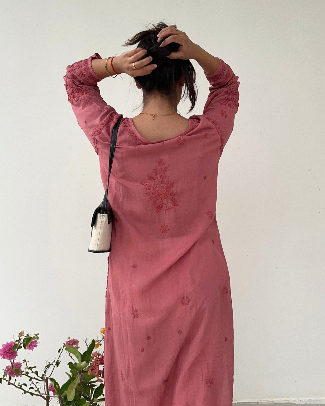 Preeti Onion Pink Tone on Tone 3d Modal Chikankari Kurti