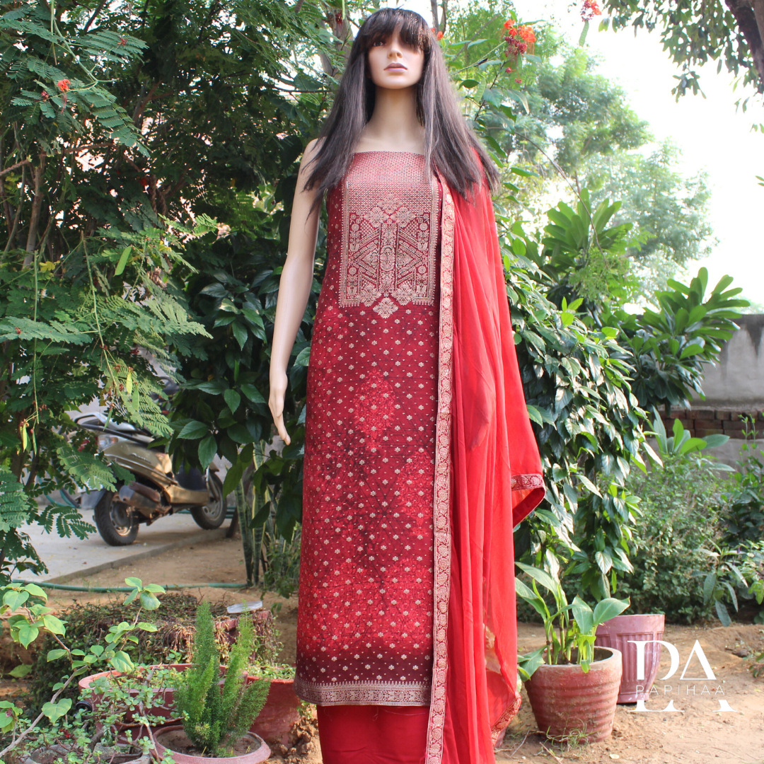 Maroon Foil and Jacquard work Modal Unstitched Suit