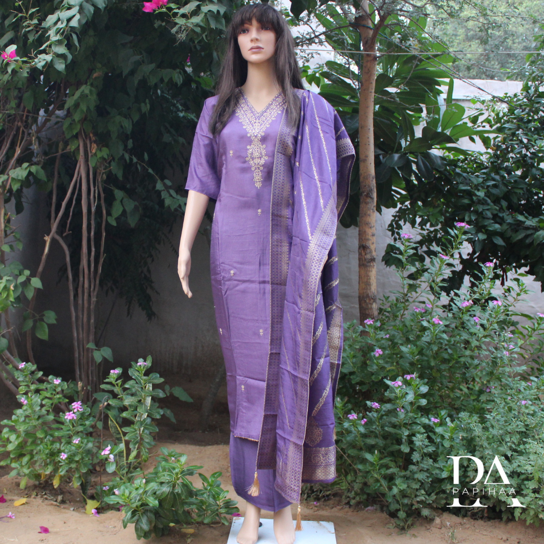 V-neck Purple Colored Roman Silk Semi-stitched Set
