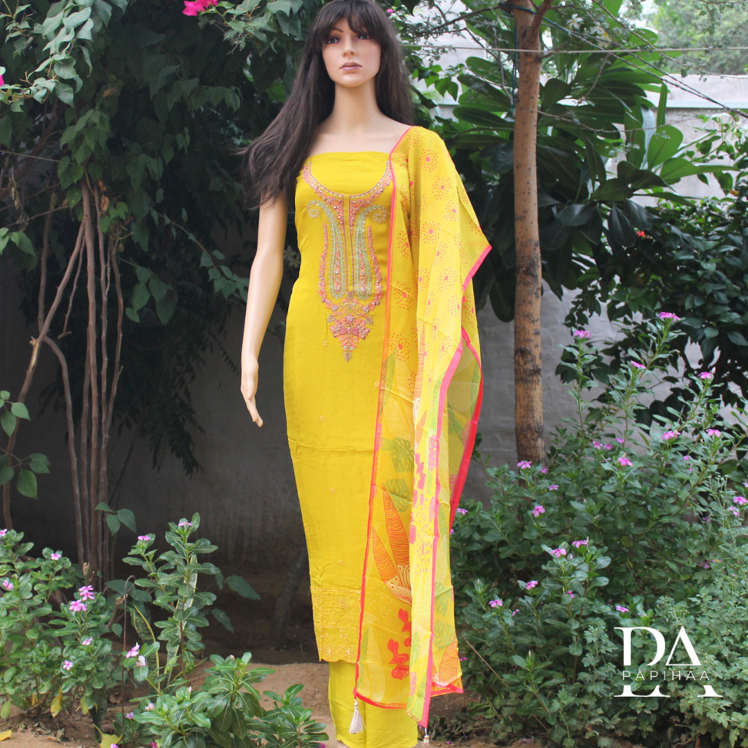 Light Parrot Green Soft Organza Unstitched Suit