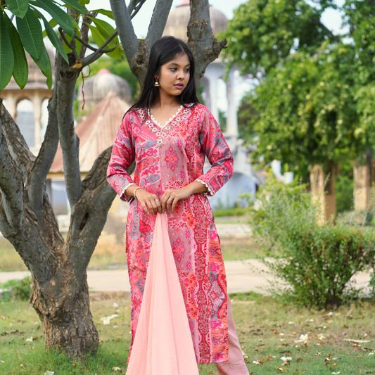 Shadmani Peach Colored Muslin Straight Stitched Suit