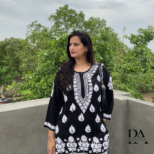 Suramya Black Modal 3d Chikankari Short Kurti
