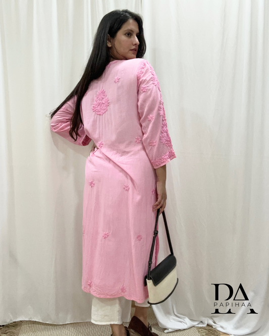 Naaz Tone one Tone Cotton Candy Pink 3d Chikankari Kurti