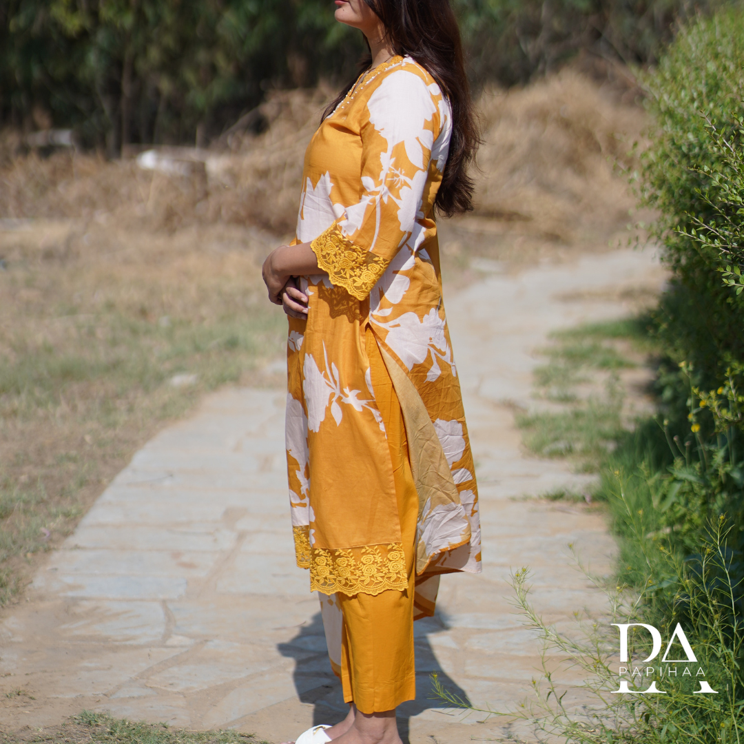 Floral V-Neck Mustard Yellow Colored Cotton Set