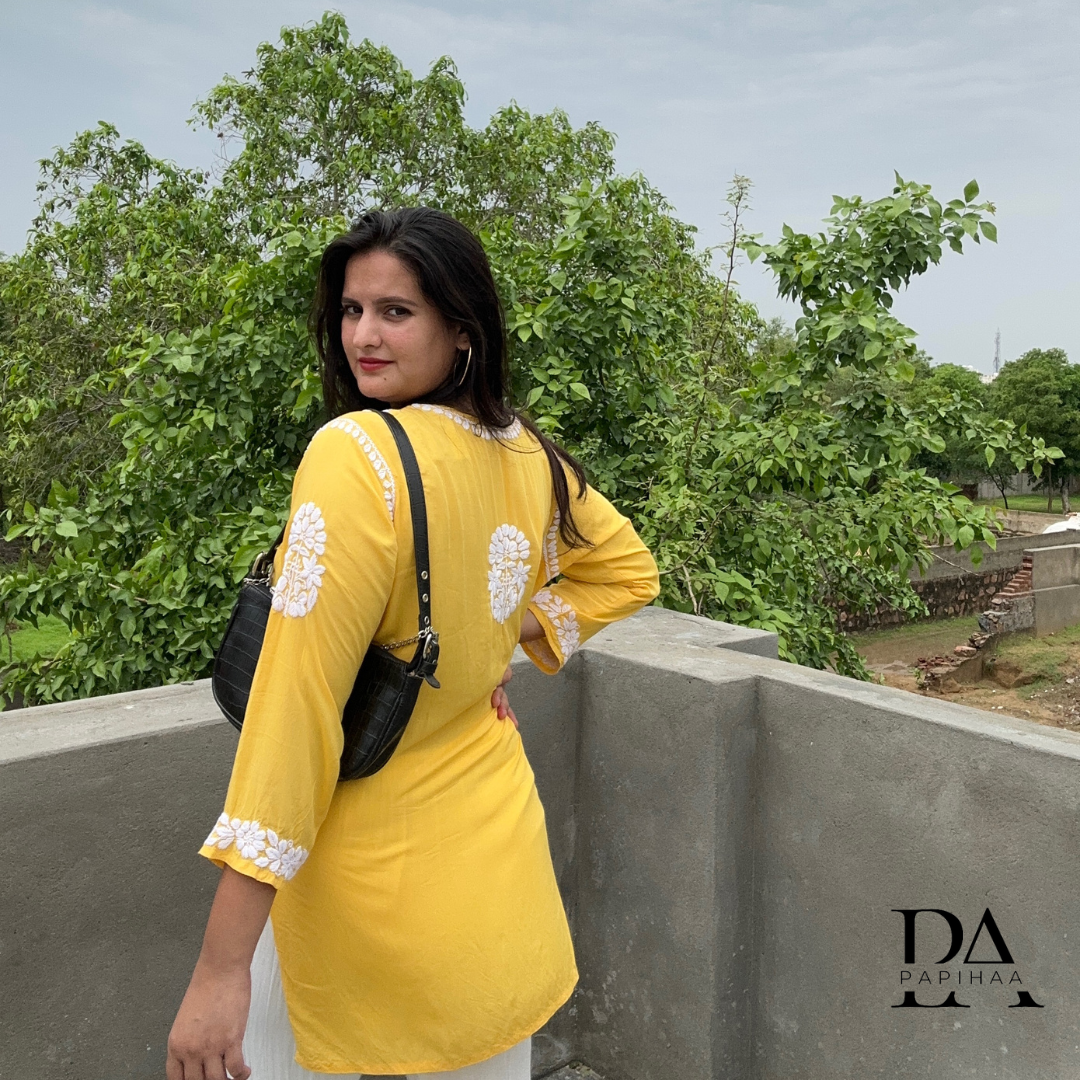 Suramya Yellow Modal 3d Chikankari Short Kurti