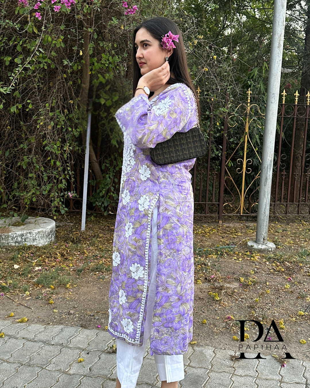 Neeraja Lavender floral carnation printed 3d Chikankari Kurti