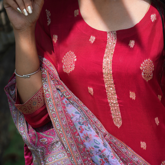 Red Soft Organza Straight Stitched Suit