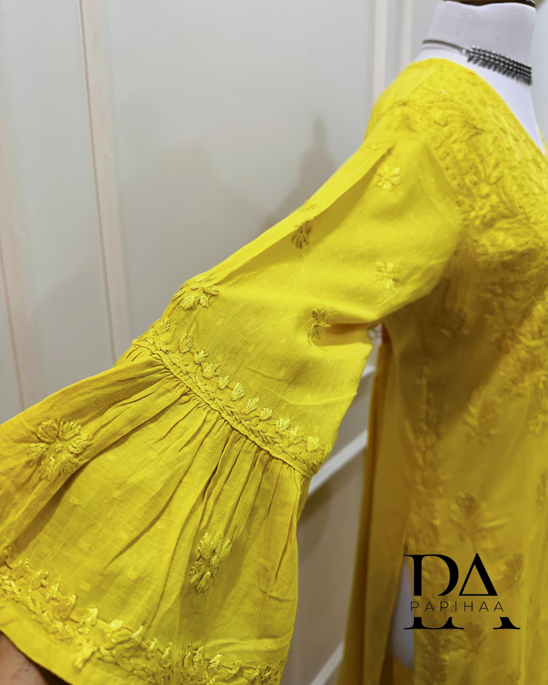 Aryaa Cotton Tone on Tone Olive Yellow Angarakha Chikankari Kurti