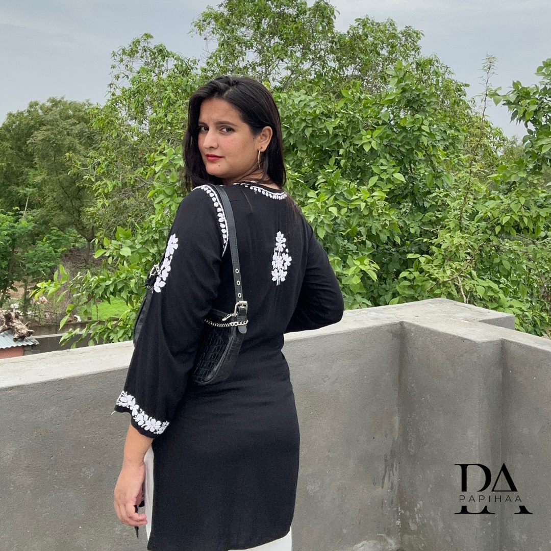 Suramya Black Modal 3d Chikankari Short Kurti