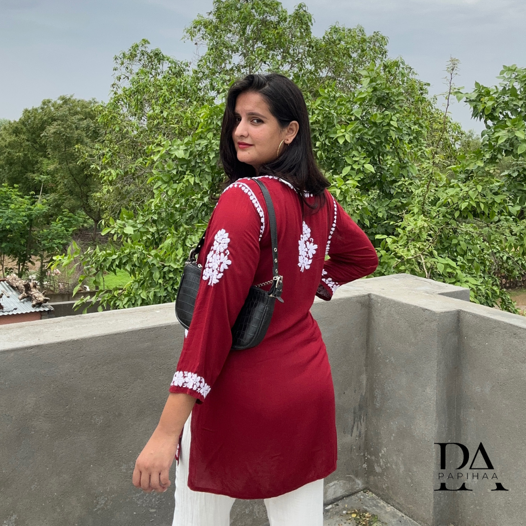 Suramya Maroon Modal 3D short Chikankari kurti