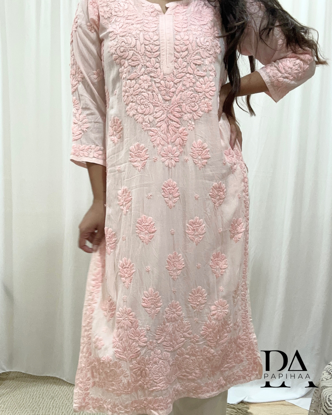 Naaz Tone one Tone Pale Pink 3d Chikankari Kurti