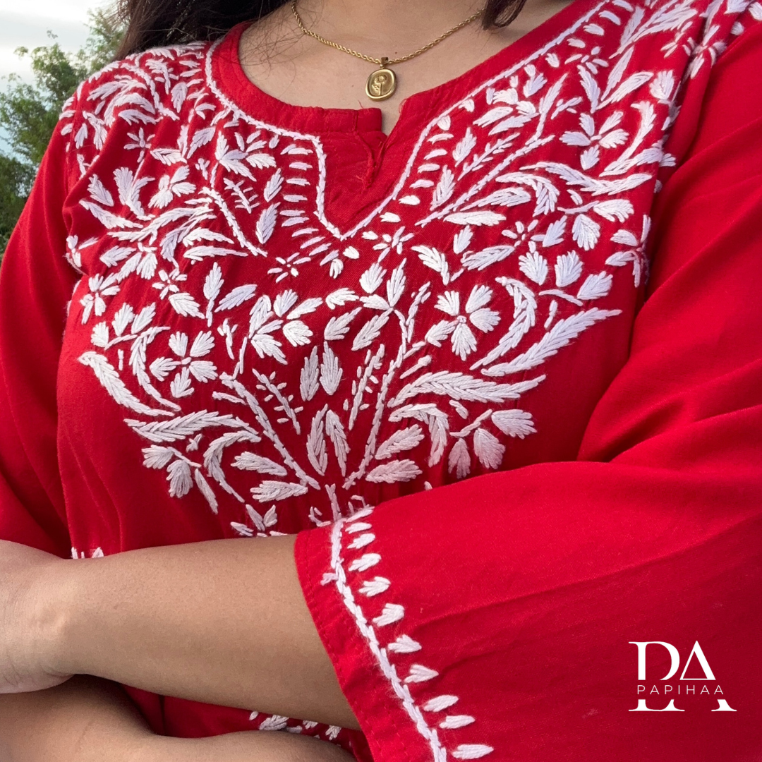 Suramya Soft Rayon Red Short Chikankari Kurti
