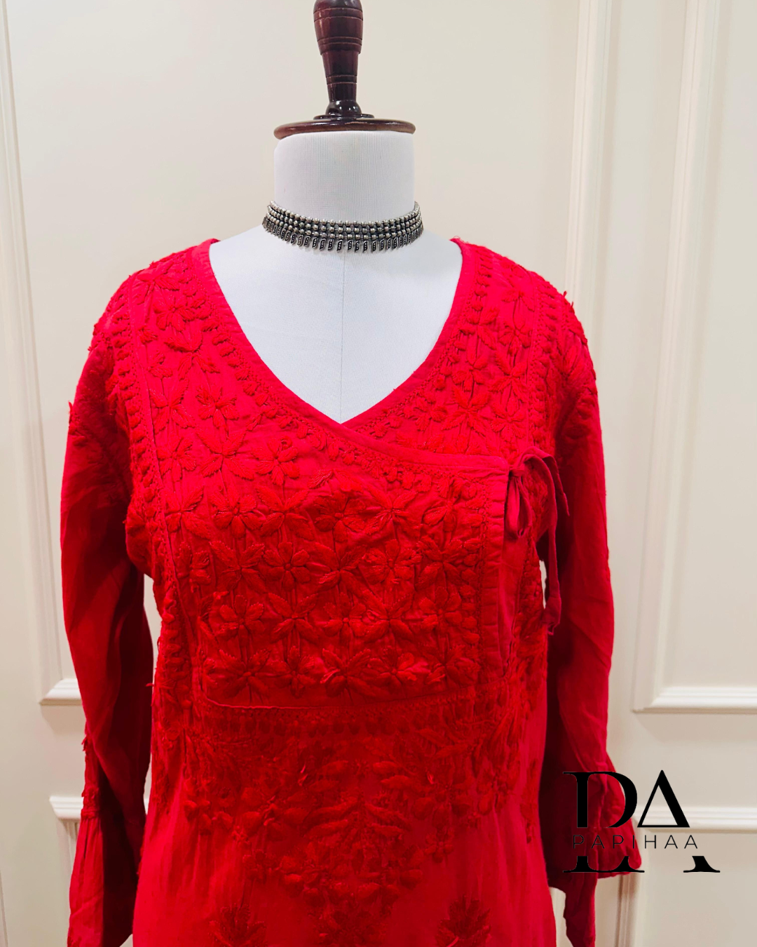 Aryaa Cotton Tone on Tone Tomato Red Angarakha Chikankari Kurti
