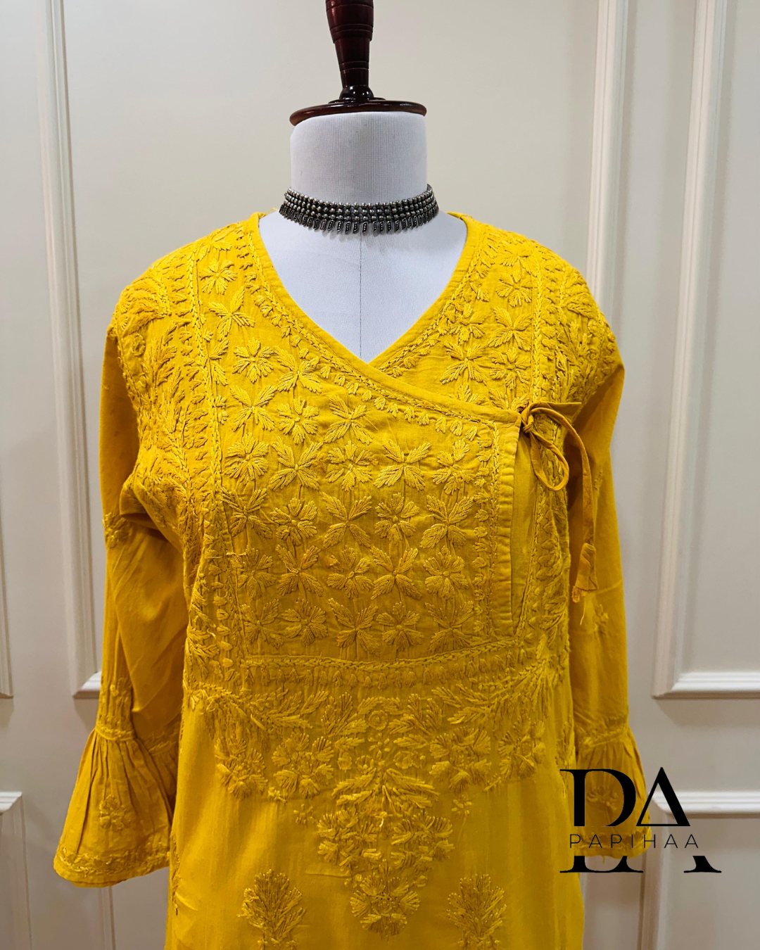Aryaa Cotton Tone on Tone Citrine Yellow Angarakha Chikankari Kurti