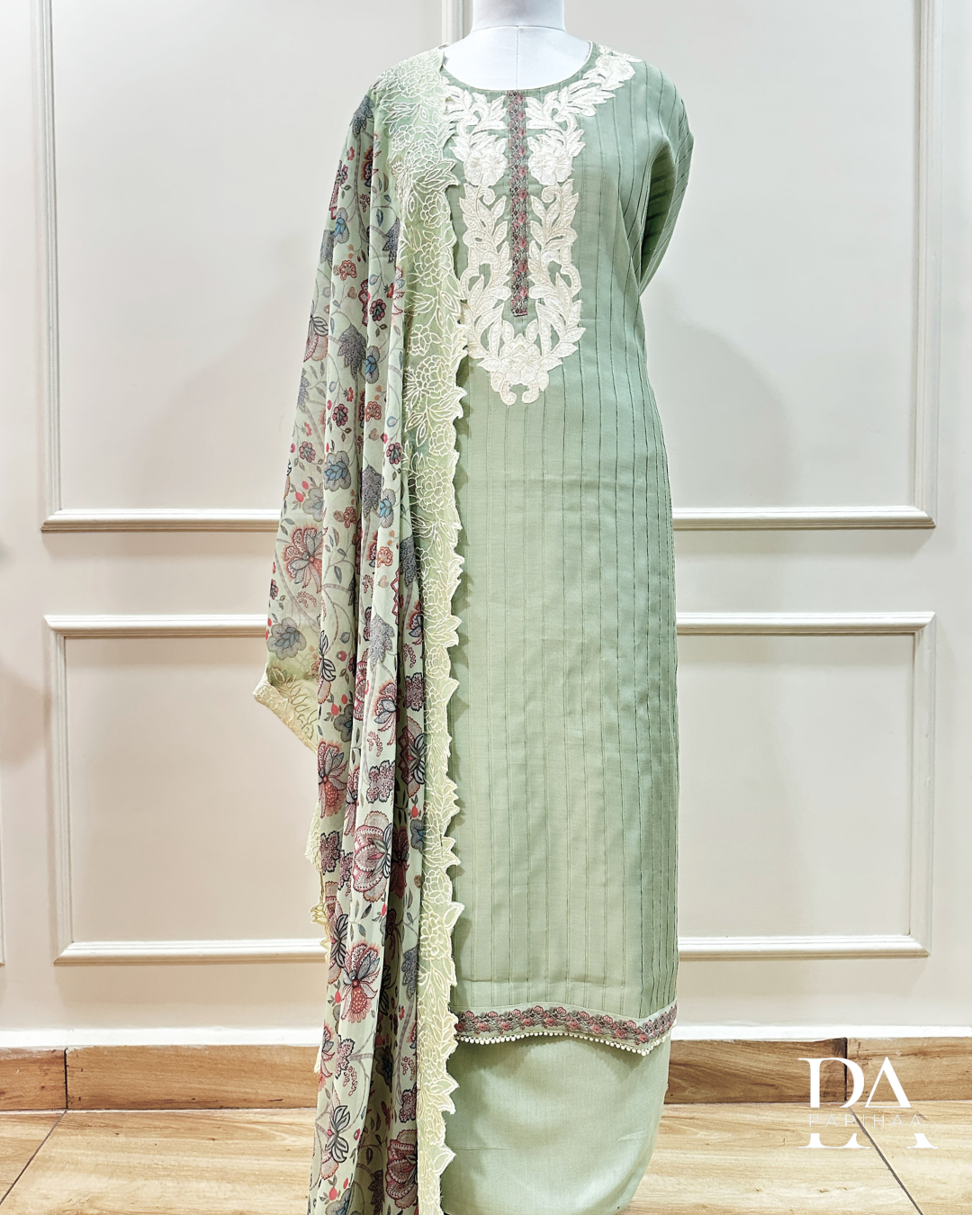 Soft roman silk semi stitched set with applique and pintucks