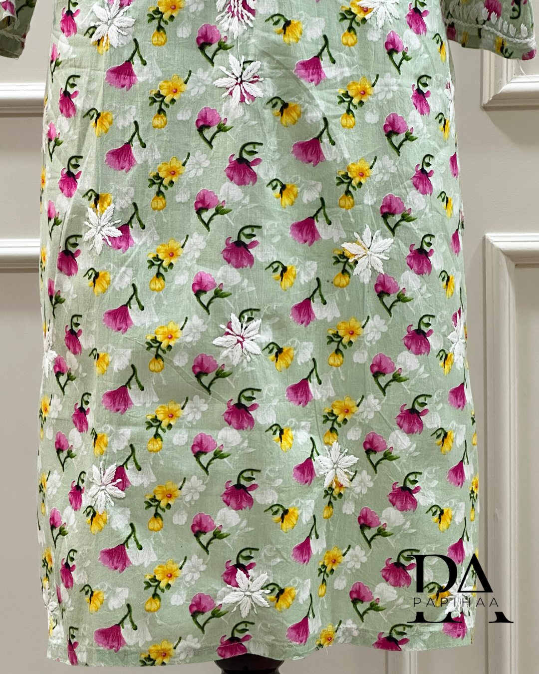 Bougainvillea Pastel Green Premium Mulmul Printed Chikankari Kurti