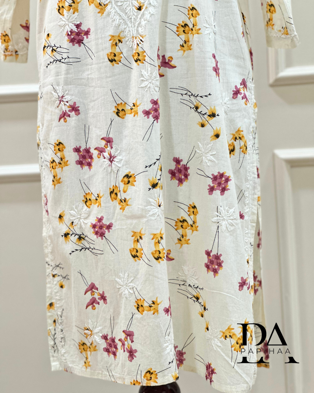 Bougainvillea Off-white Premium Mulmul Printed Chikankari Kurti