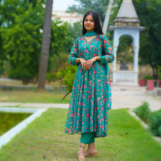 Shadmani Green Chiffon Floral Anarkali Suit