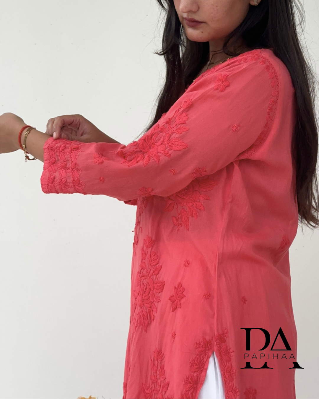 Preeti Salmon Red Tone on Tone 3d Modal Chikankari Kurti