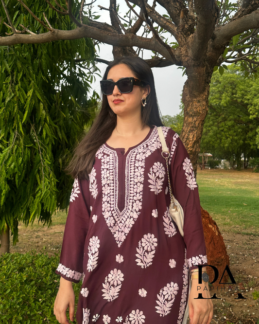 Seerat Buttery Soft Modal Wine 3d Chikankari Kurti