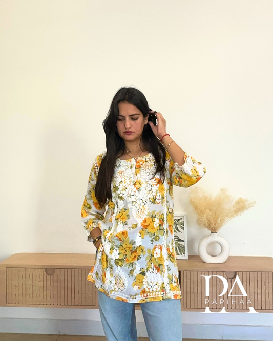 Inara Yellow on White Mulmul Short Chikankari Kurti