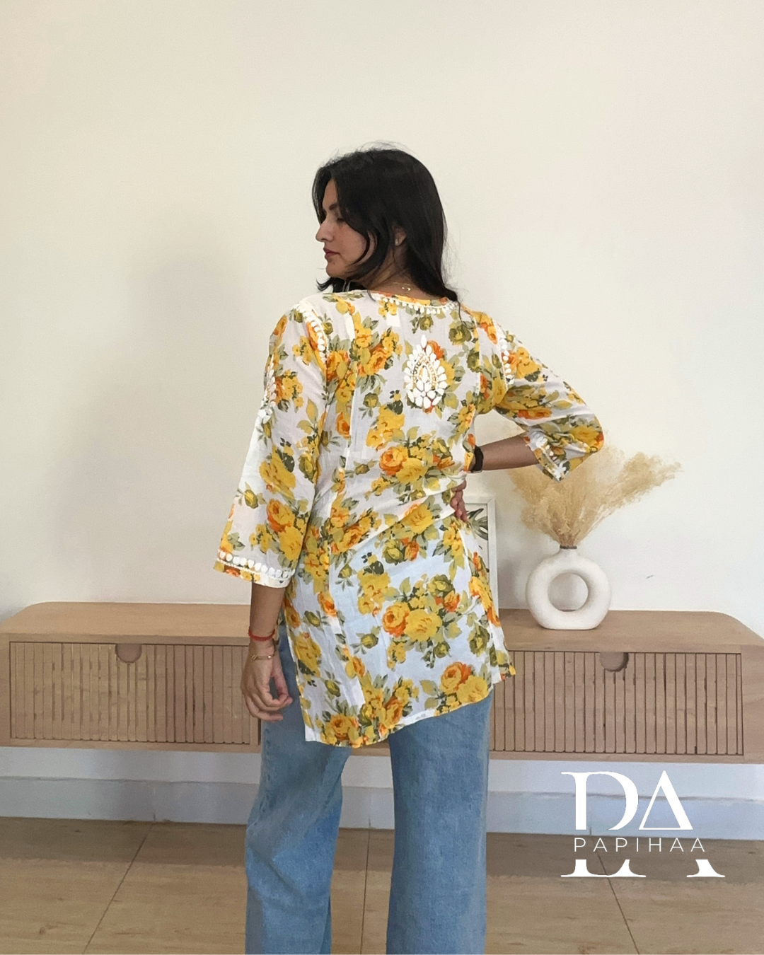 Inara Yellow on White Mulmul Short Chikankari Kurti