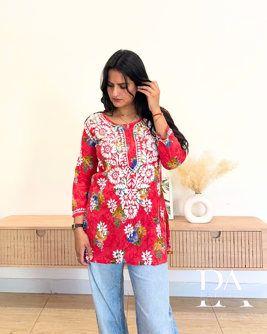 Inara Red Mulmul Short Chikankari Kurti