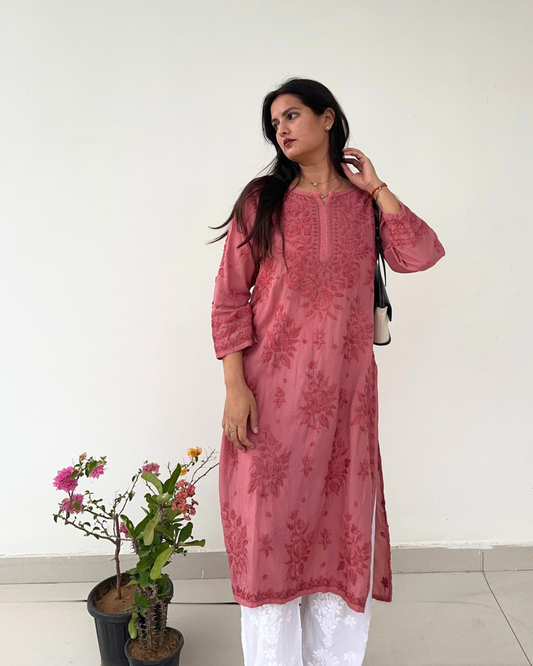 Preeti Onion Pink Tone on Tone 3d Modal Chikankari Kurti