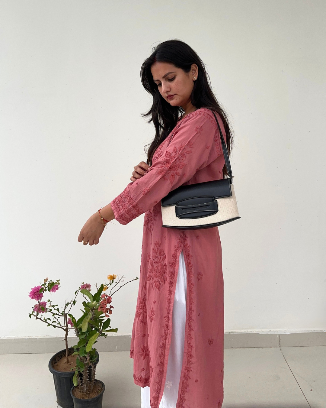 Preeti Onion Pink Tone on Tone 3d Modal Chikankari Kurti