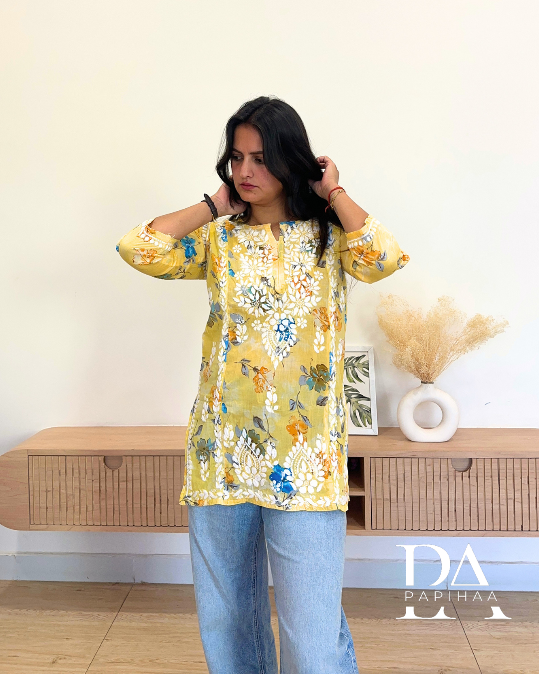 Inara Yellow Mulmul Short Chikankari Kurti