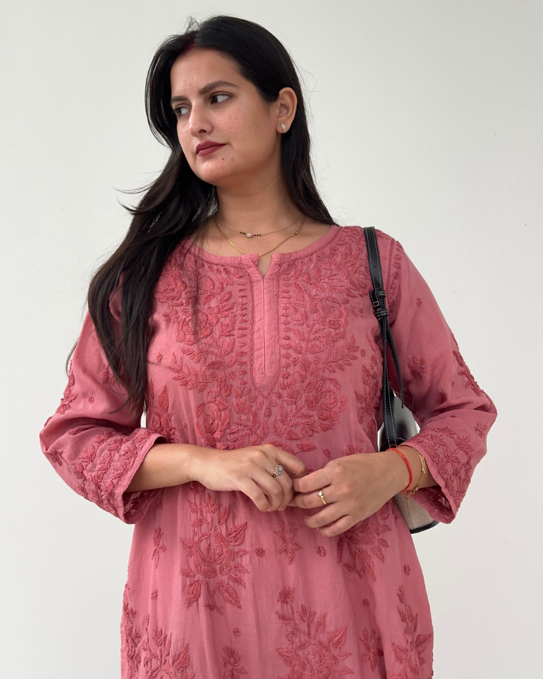 Preeti Onion Pink Tone on Tone 3d Modal Chikankari Kurti