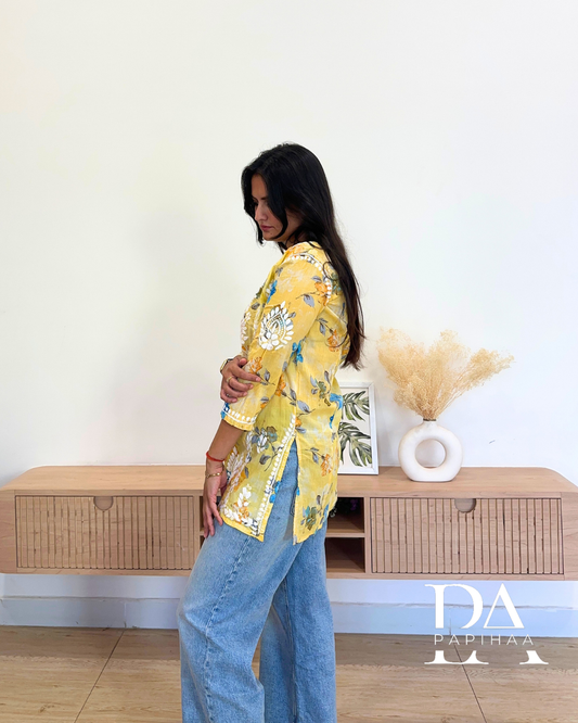 Inara Yellow Mulmul Short Chikankari Kurti