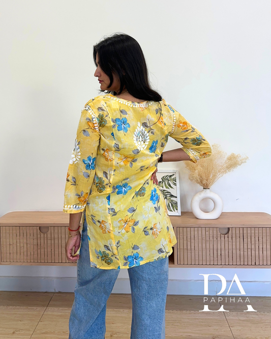 Inara Yellow Mulmul Short Chikankari Kurti