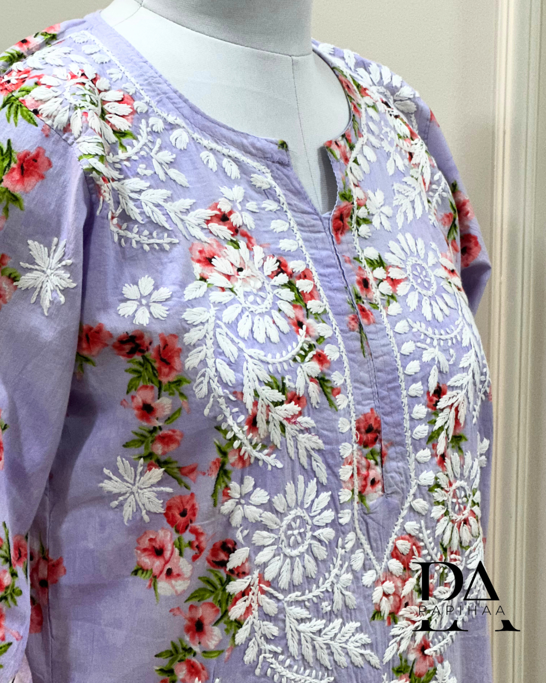 Bougainvillea Lavender Premium Mulmul Printed Chikankari Kurti