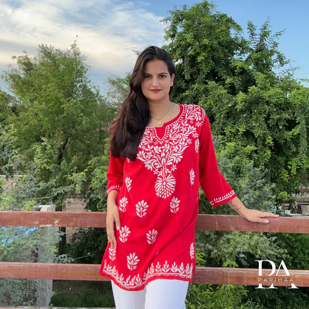 Suramya Soft Rayon Red Short Chikankari Kurti