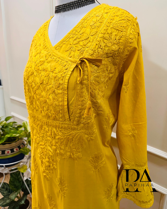 Aryaa Cotton Tone on Tone Citrine Yellow Angarakha Chikankari Kurti