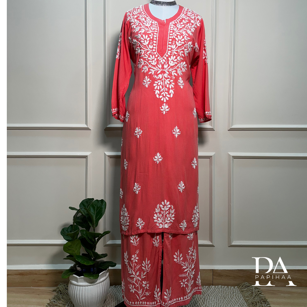 Ruvya Salmon Rayon Chikankari Palazzo 2 Piece Set