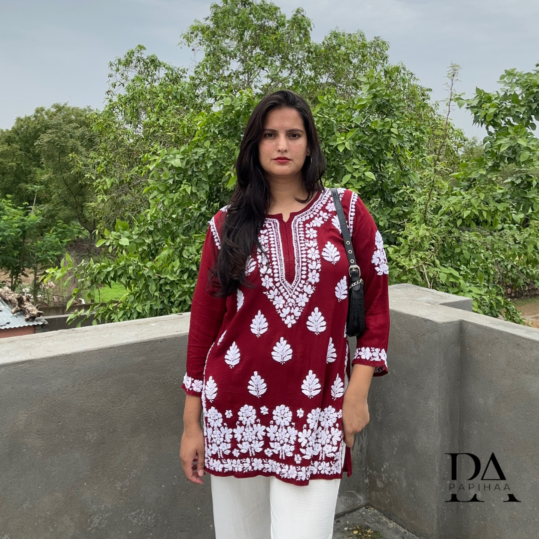 Suramya Maroon Modal 3D short Chikankari kurti