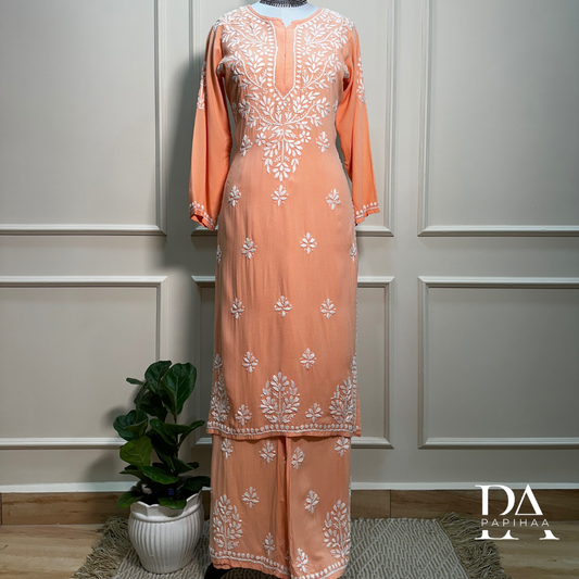 Ruvya Peach Rayon Chikankari Palazzo 2 Piece Set