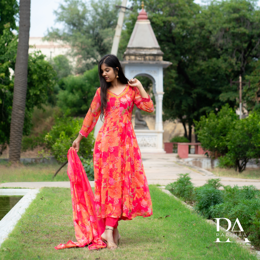 Coral Pink Chiffon Floral Anarkali Suit