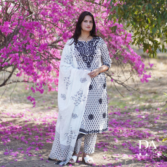 Black & White Block Printed Kurta Set