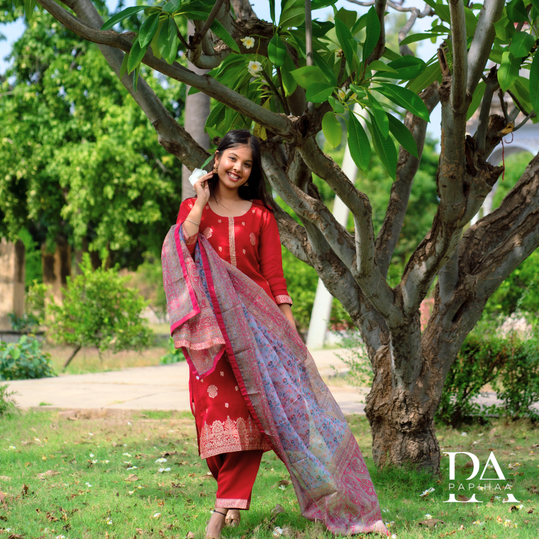Red Soft Organza Straight Stitched Suit