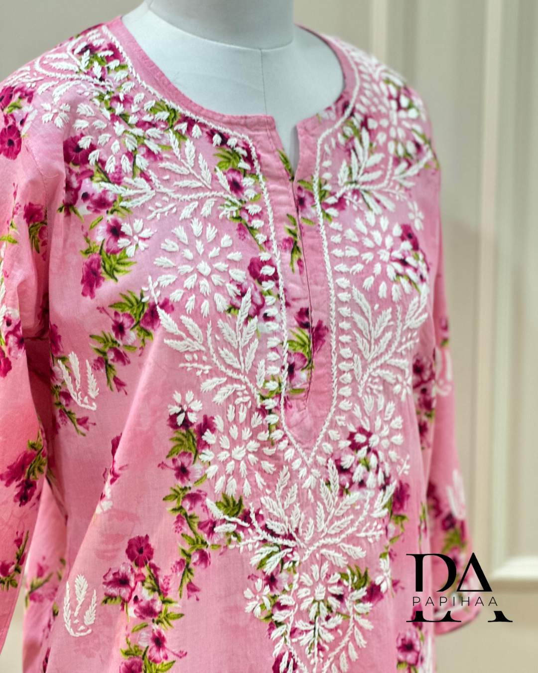 Bougainvillea Pink Premium Mulmul Printed Chikankari Kurti
