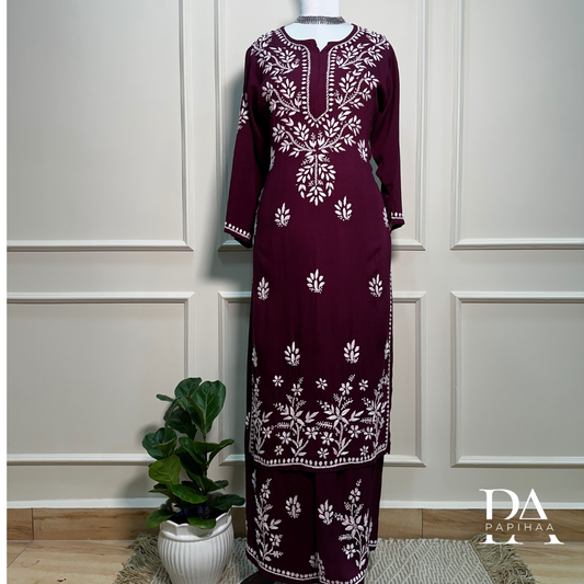 Ruvya Wine Rayon Chikankari Palazzo 2 Piece Set